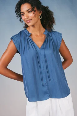 Current Air Short Sleeve Tops-Margot Pleated Sleeve Blouse DARKDUSTYBLUE