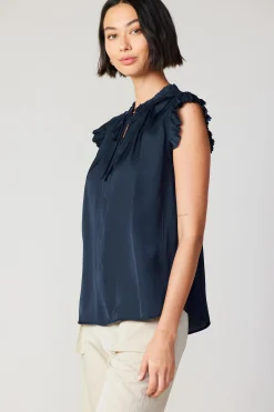 Current Air Short Sleeve Tops-Margot Pleated Sleeve Blouse DARKNAVY