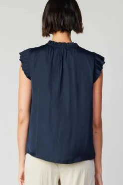 Current Air Short Sleeve Tops-Margot Pleated Sleeve Blouse DARKNAVY