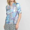 Current Air Short Sleeve Tops-Metallic Botanical Print Top BLUEPURPLEMLT