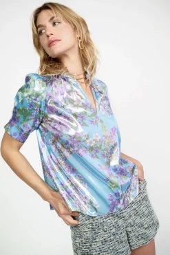 Current Air Short Sleeve Tops-Metallic Botanical Print Top BLUEPURPLEMLT