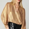 Current Air Long Sleeve Tops-Metallic Bubble Hem Blouse GOLD