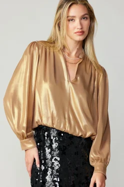 Current Air Long Sleeve Tops-Metallic Bubble Hem Blouse GOLD