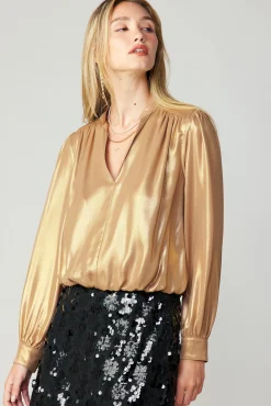 Current Air Long Sleeve Tops-Metallic Bubble Hem Blouse GOLD