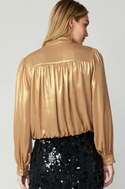 Current Air Long Sleeve Tops-Metallic Bubble Hem Blouse GOLD