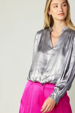 Current Air Long Sleeve Tops-Metallic Bubble Hem Blouse SILVER