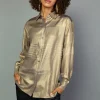 Current Air Long Sleeve Tops-Metallic Button Down Top GOLDFOIL