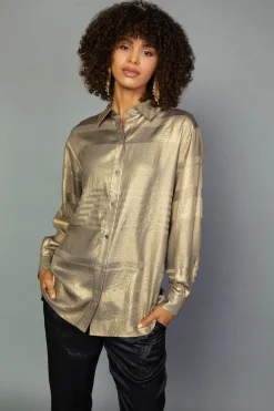Current Air Long Sleeve Tops-Metallic Button Down Top GOLDFOIL