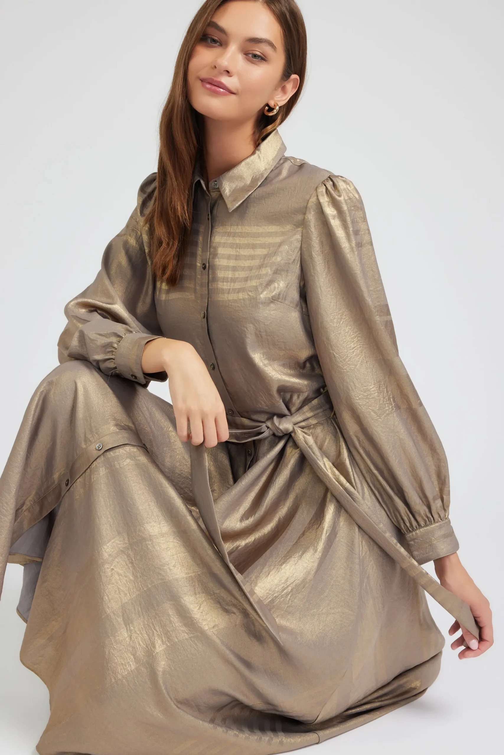 Current Air Maxi Dresses | Midi Dresses-Metallic Buttondown Dress GOLD