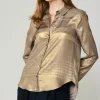 Current Air Long Sleeve Tops-Metallic Buttonup Shirt GOLD