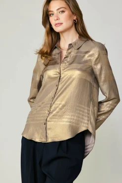 Current Air Long Sleeve Tops-Metallic Buttonup Shirt GOLD