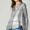 Current Air Long Sleeve Tops-Metallic Buttonup Shirt SILVER
