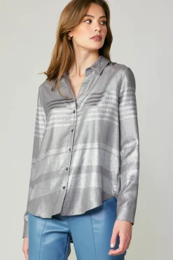 Current Air Long Sleeve Tops-Metallic Buttonup Shirt SILVER