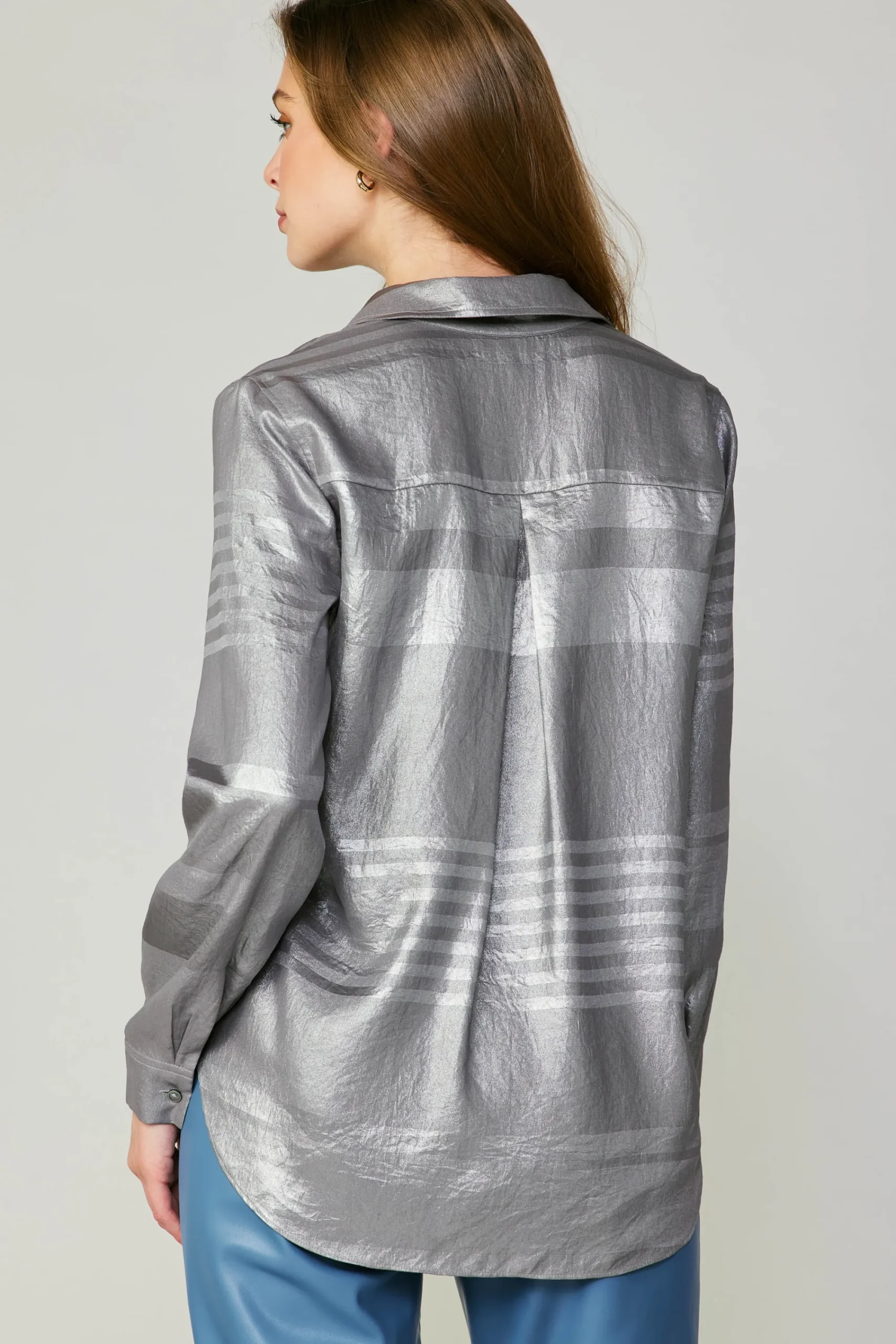 Current Air Long Sleeve Tops-Metallic Buttonup Shirt SILVER