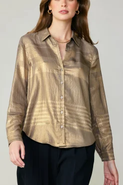 Current Air Long Sleeve Tops-Metallic Buttonup Shirt GOLD