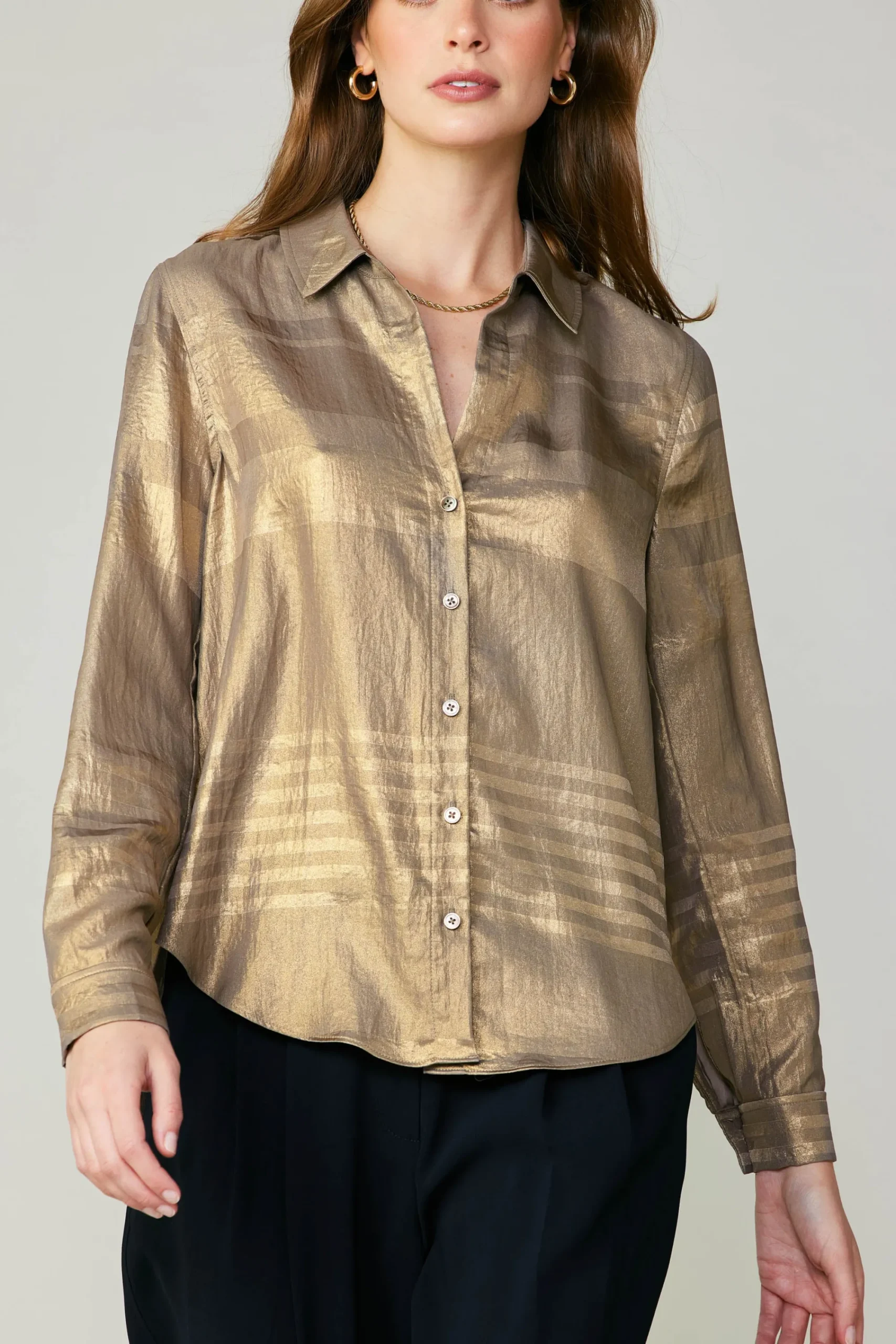 Current Air Long Sleeve Tops-Metallic Buttonup Shirt GOLD