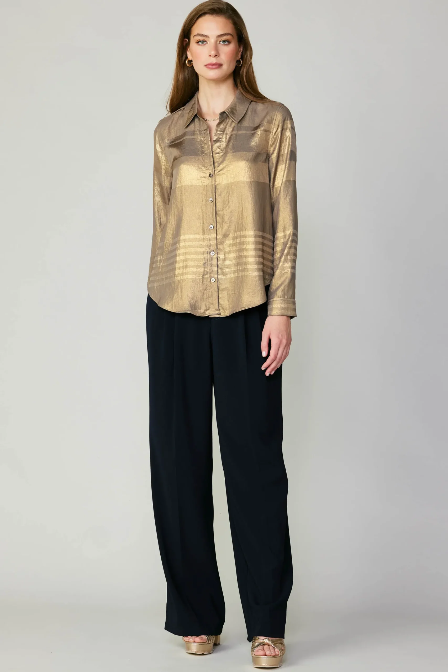 Current Air Long Sleeve Tops-Metallic Buttonup Shirt GOLD