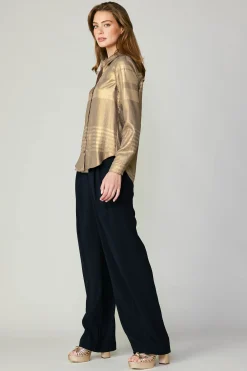 Current Air Long Sleeve Tops-Metallic Buttonup Shirt GOLD
