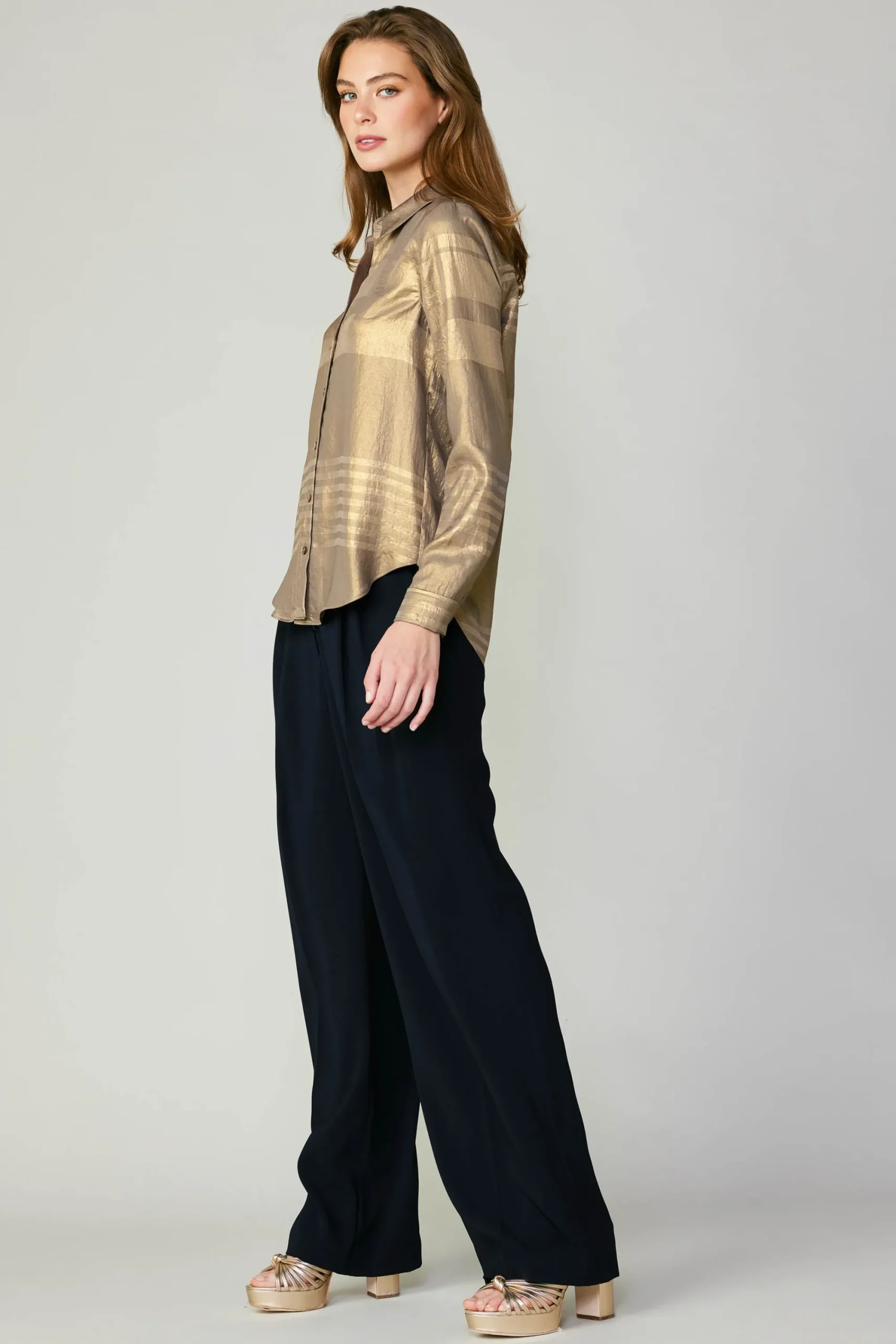 Current Air Long Sleeve Tops-Metallic Buttonup Shirt GOLD