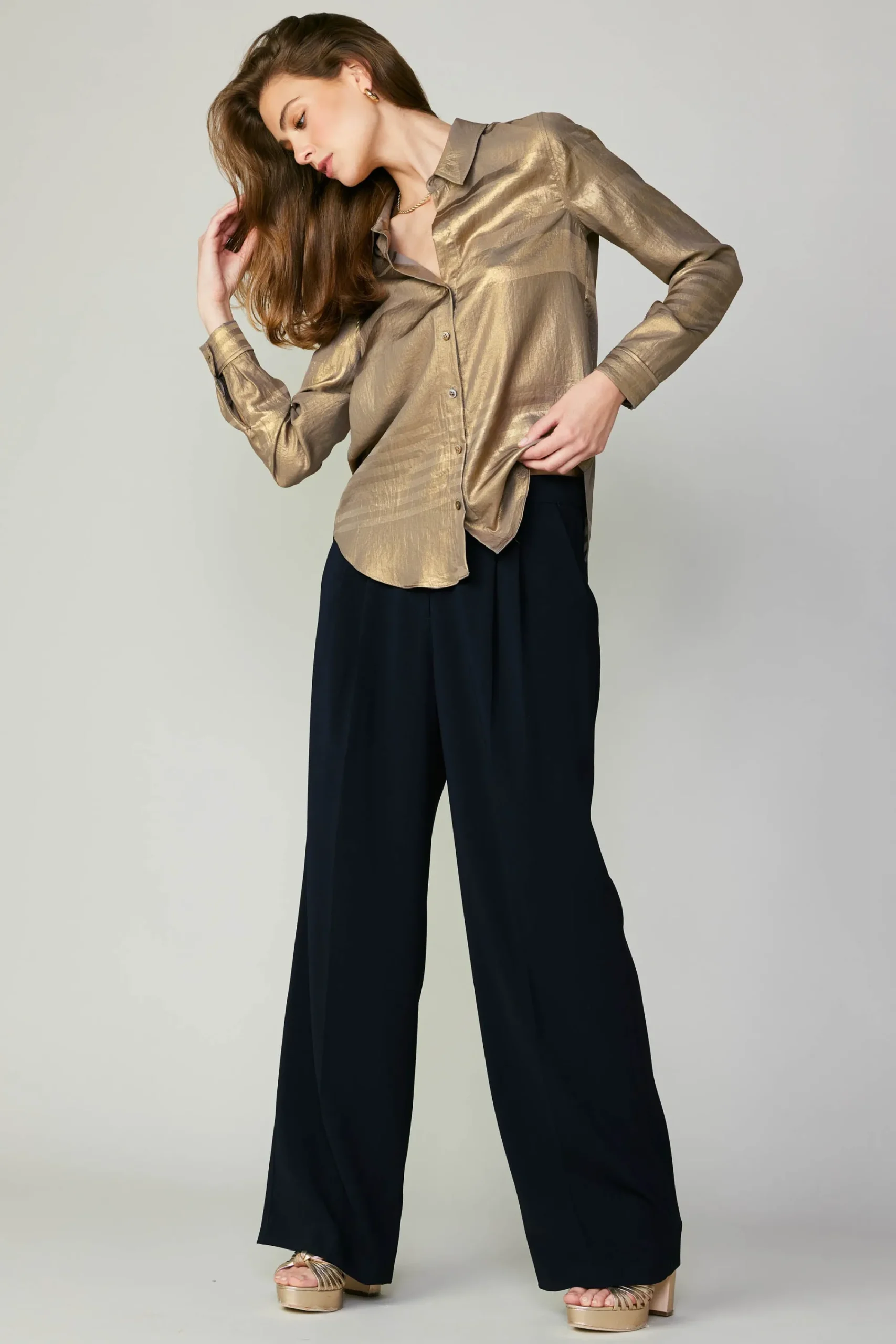 Current Air Long Sleeve Tops-Metallic Buttonup Shirt GOLD