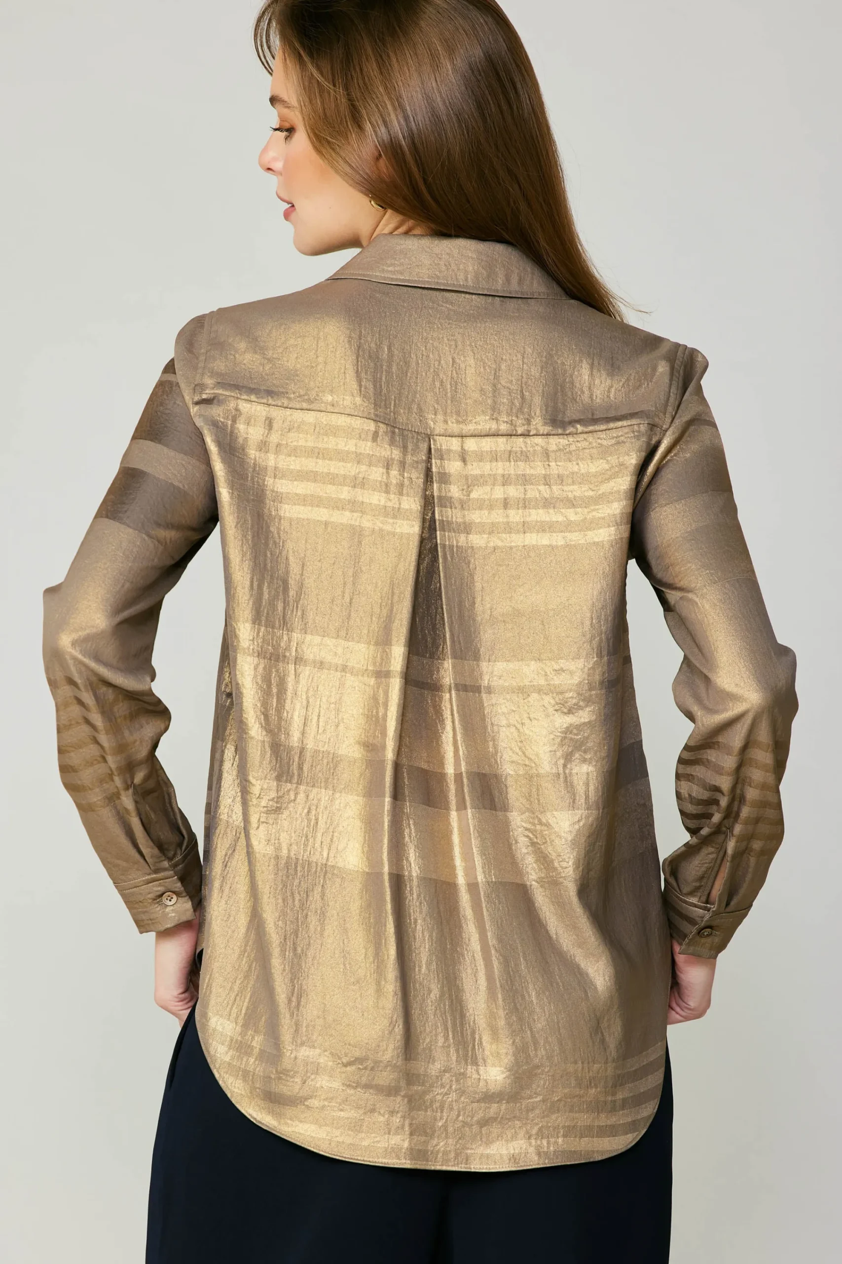 Current Air Long Sleeve Tops-Metallic Buttonup Shirt GOLD