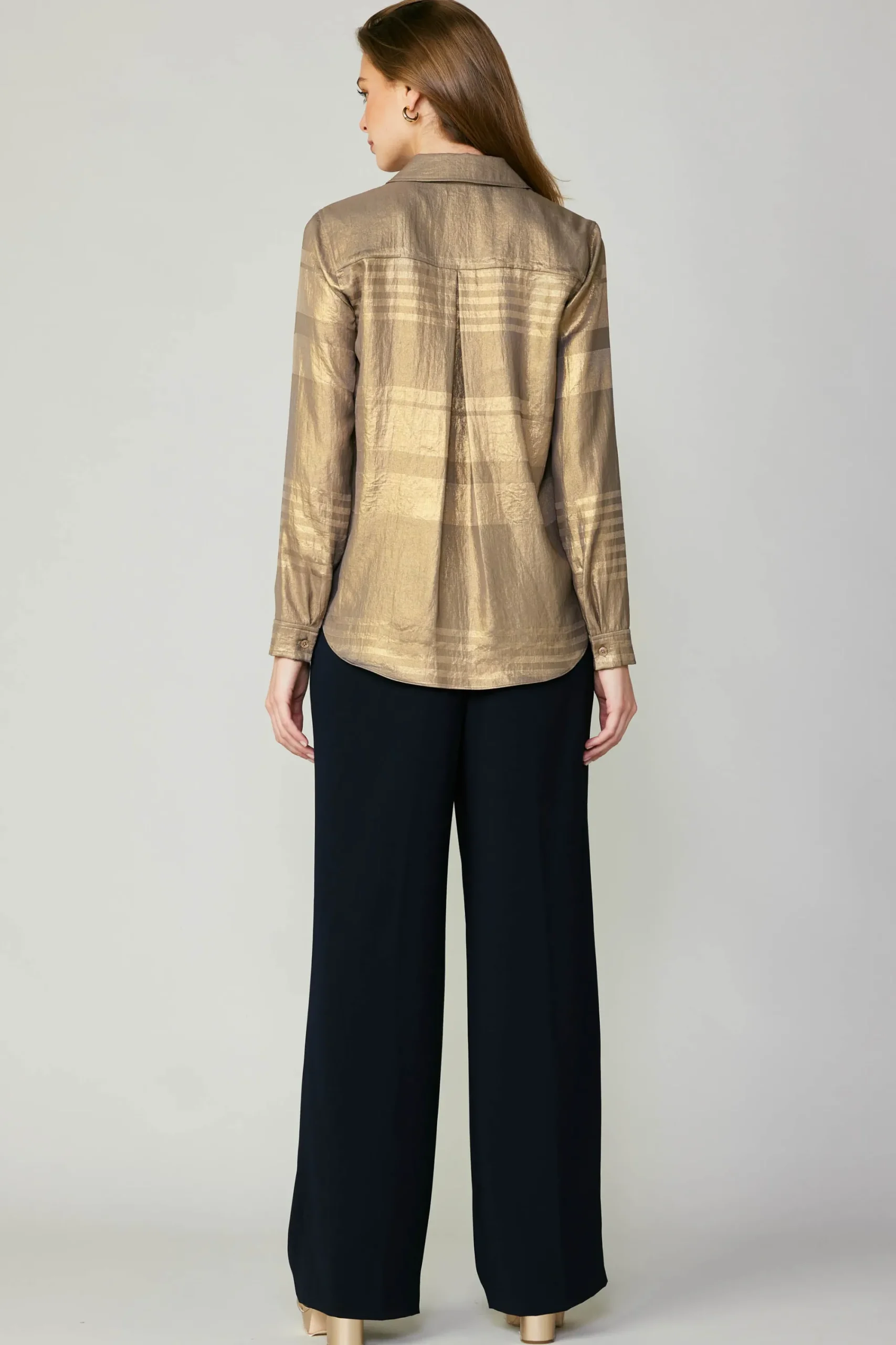 Current Air Long Sleeve Tops-Metallic Buttonup Shirt GOLD