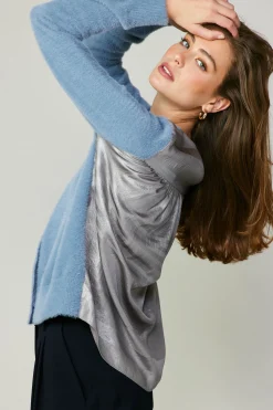 Current Air Cardigans-Metallic Contrast Cardigan BLUE