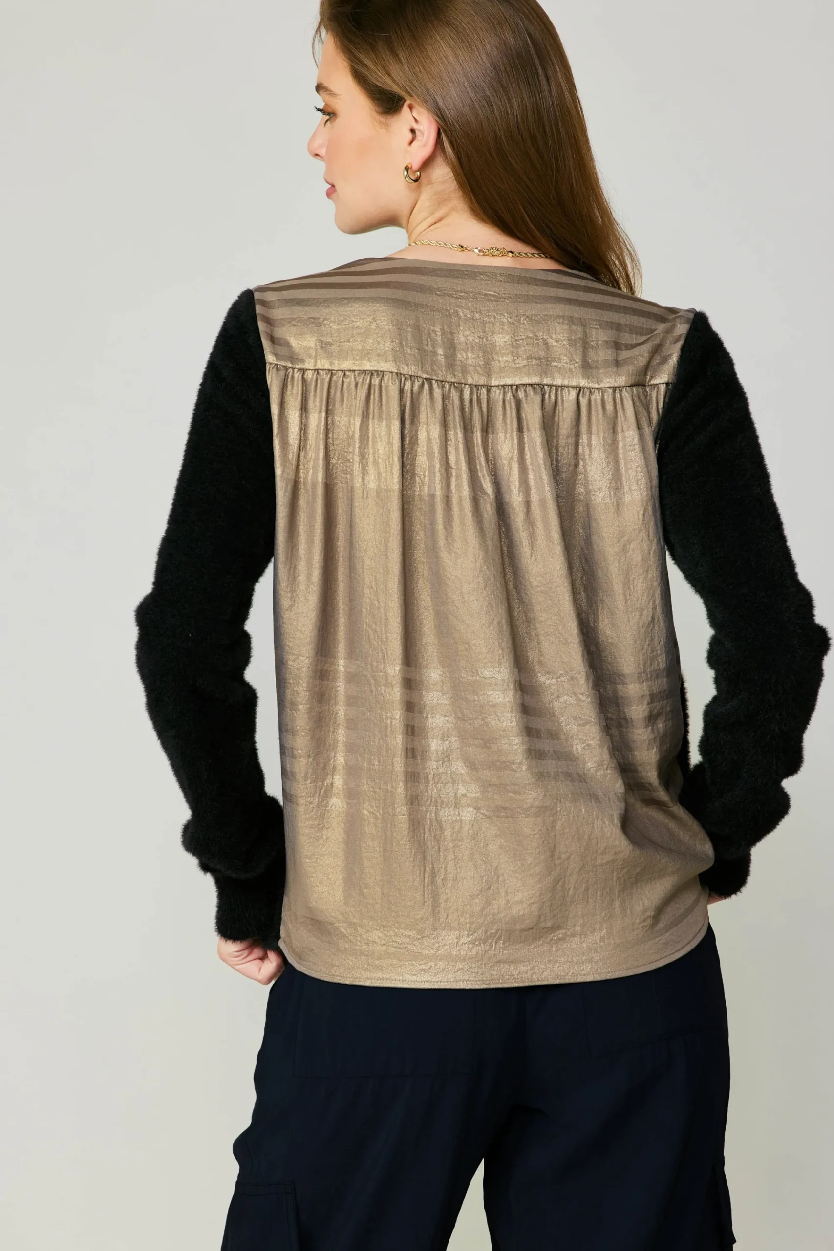 Current Air Cardigans-Metallic Contrast Cardigan GOLD-BLACK