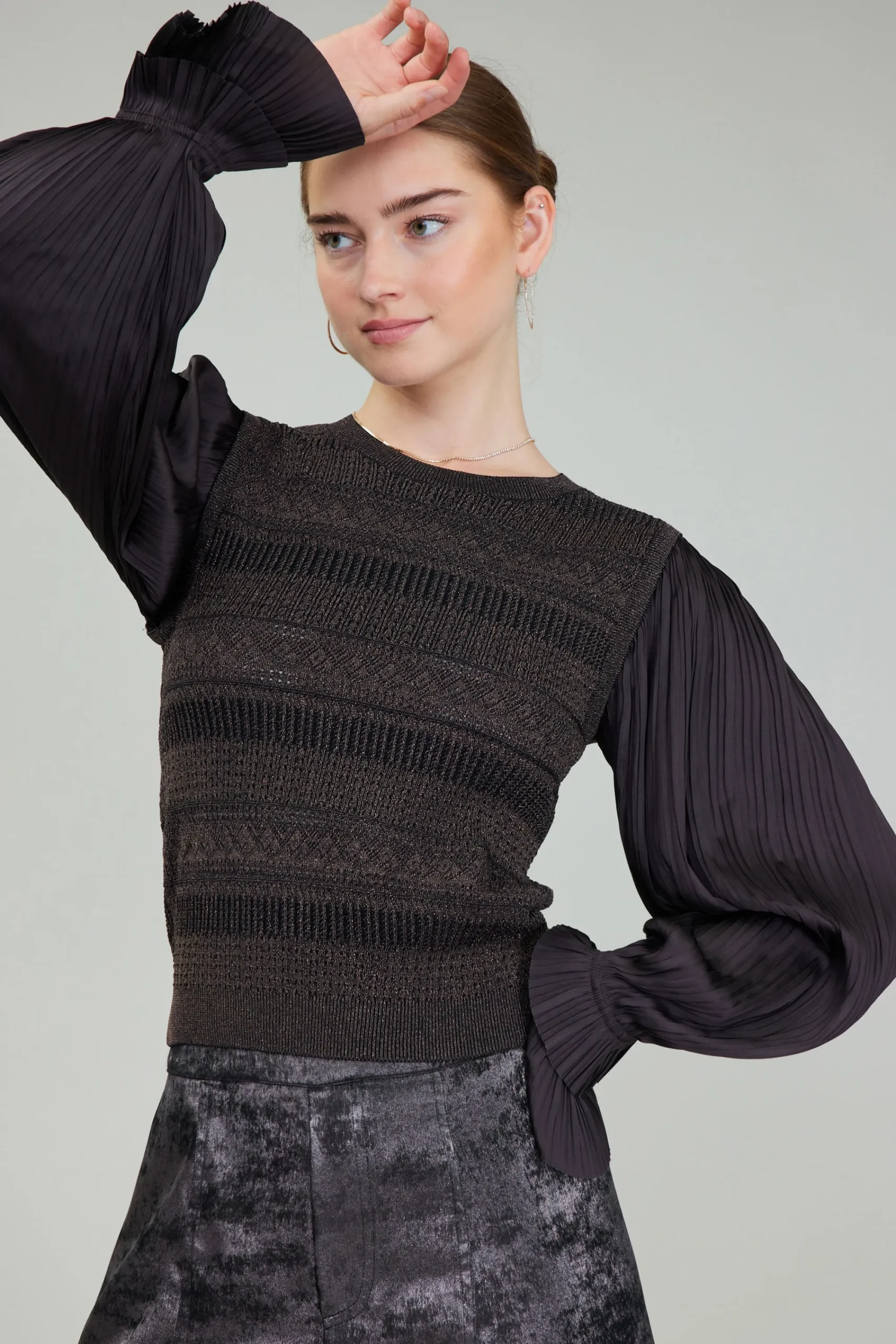 Current Air Knitwear | Long Sleeve Tops-Metallic Contrast Sweater Top DARKBRONZE