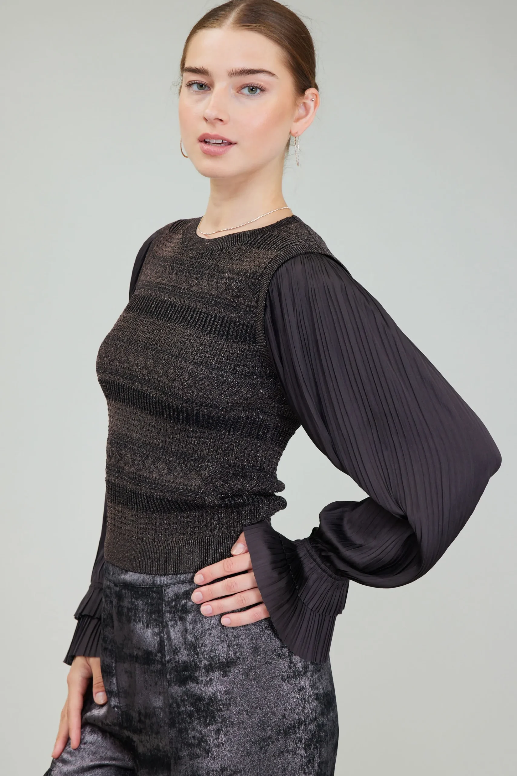 Current Air Knitwear | Long Sleeve Tops-Metallic Contrast Sweater Top DARKBRONZE