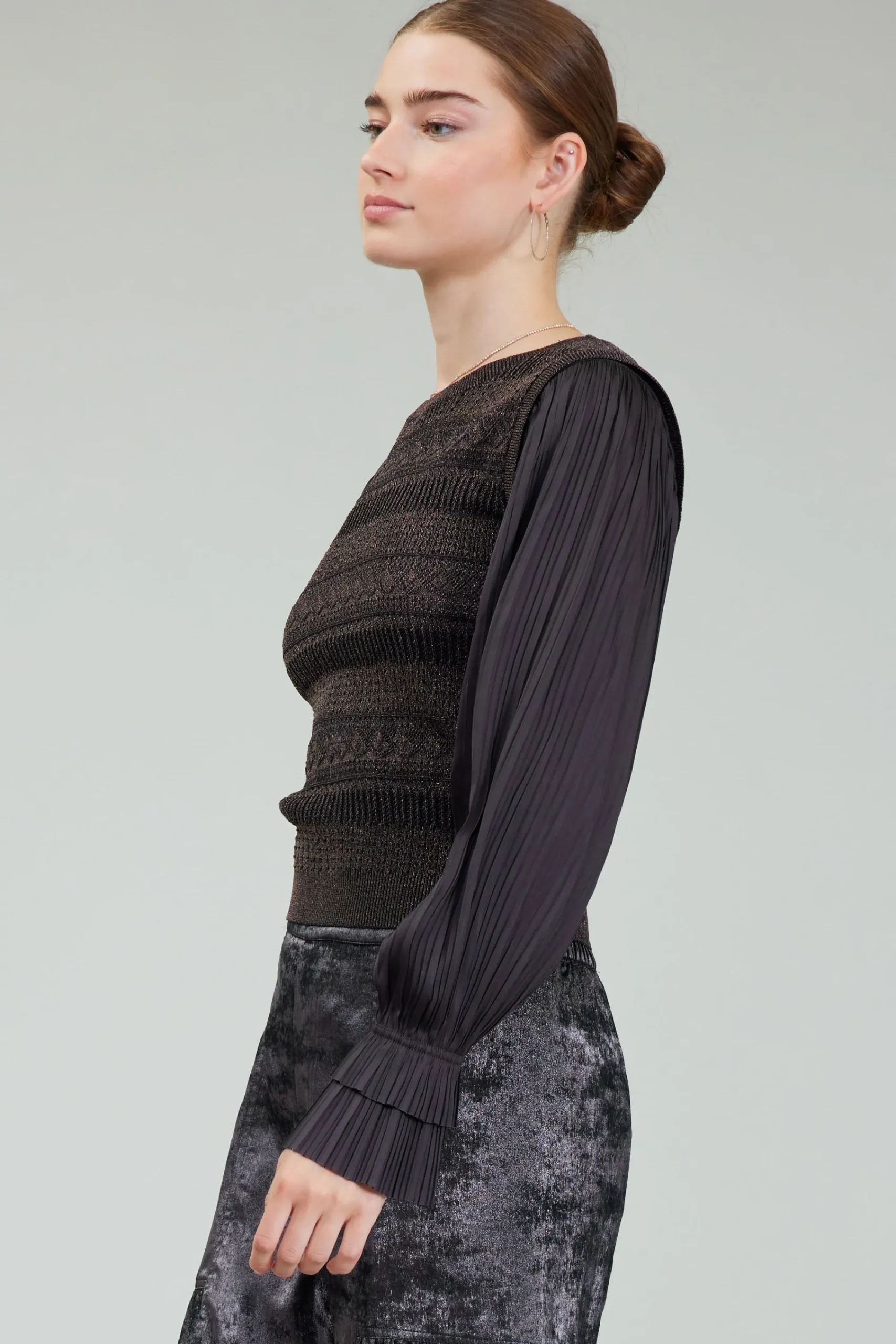 Current Air Knitwear | Long Sleeve Tops-Metallic Contrast Sweater Top DARKBRONZE