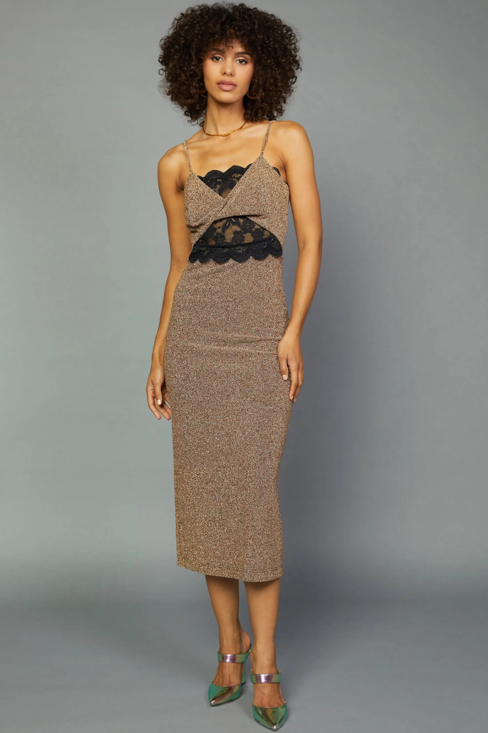 Current Air Midi Dresses-Metallic Lace Detail Dress GOLD