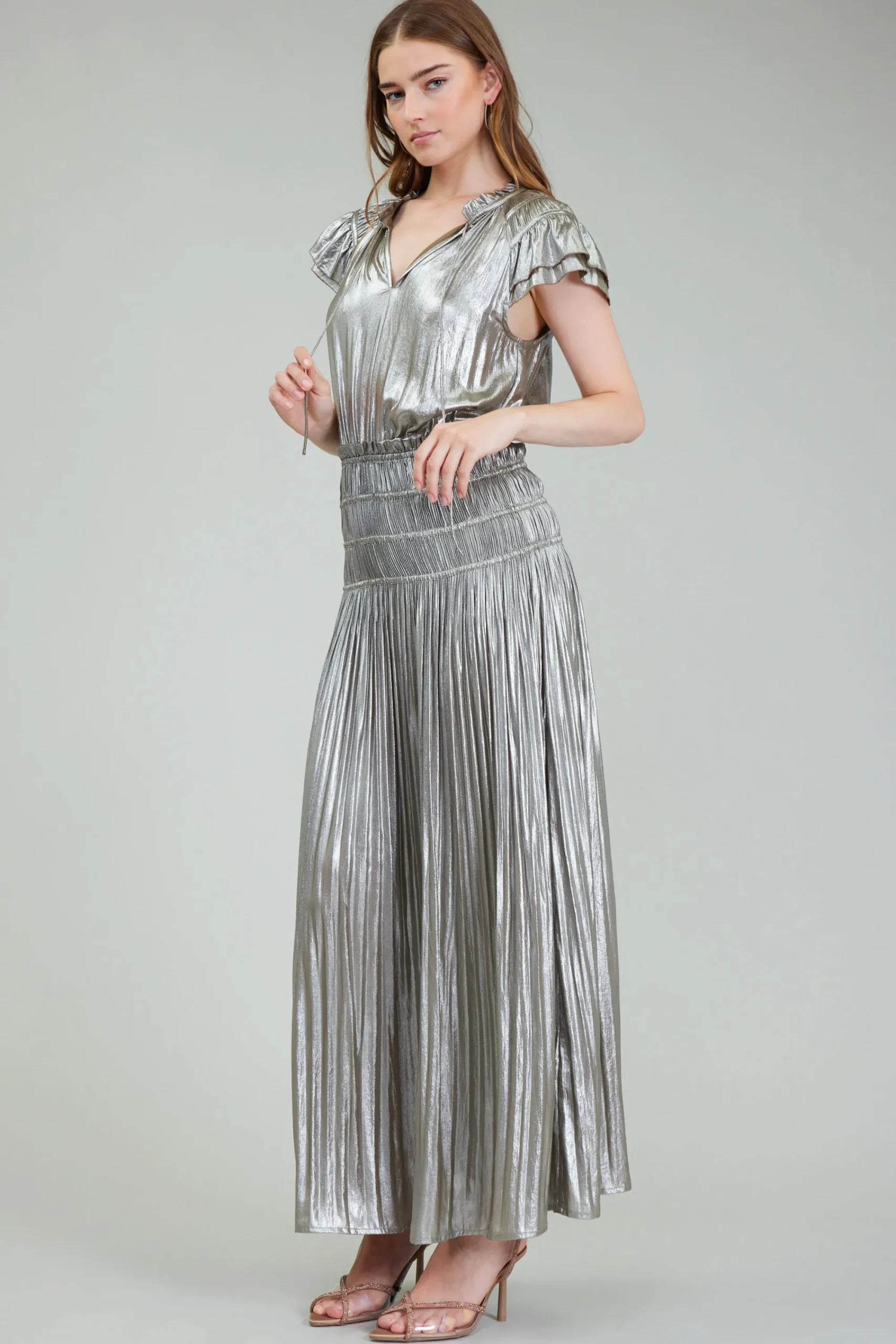 Current Air Maxi Dresses-Metallic Maxi Dress OLIVESILVER