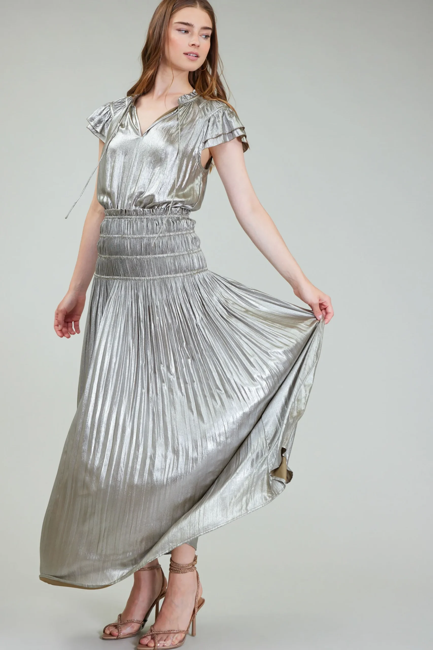 Current Air Maxi Dresses-Metallic Maxi Dress OLIVESILVER