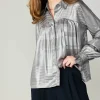 Current Air Long Sleeve Tops-Metallic Pleated Shirt SILVER