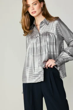 Current Air Long Sleeve Tops-Metallic Pleated Shirt SILVER