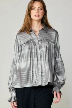 Current Air Long Sleeve Tops-Metallic Pleated Shirt SILVER