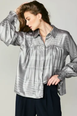 Current Air Long Sleeve Tops-Metallic Pleated Shirt SILVER