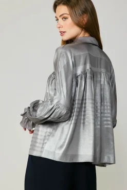 Current Air Long Sleeve Tops-Metallic Pleated Shirt SILVER