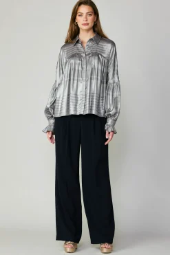 Current Air Long Sleeve Tops-Metallic Pleated Shirt SILVER