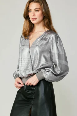 Current Air Long Sleeve Tops-Metallic Surplice Blouse SILVER