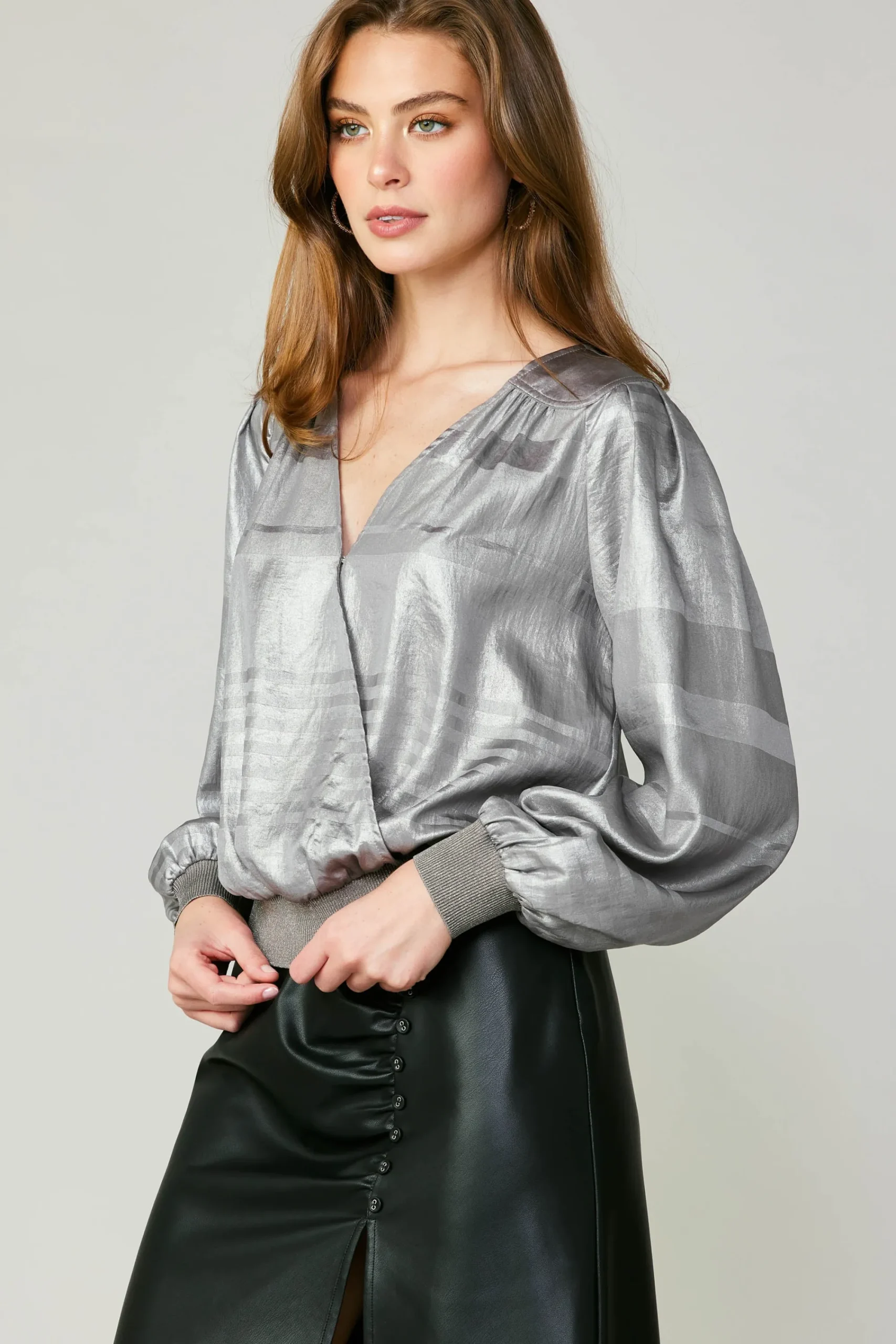 Current Air Long Sleeve Tops-Metallic Surplice Blouse SILVER