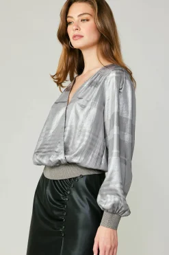 Current Air Long Sleeve Tops-Metallic Surplice Blouse SILVER