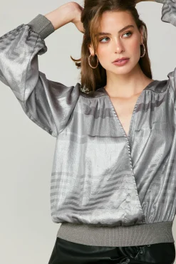 Current Air Long Sleeve Tops-Metallic Surplice Blouse SILVER
