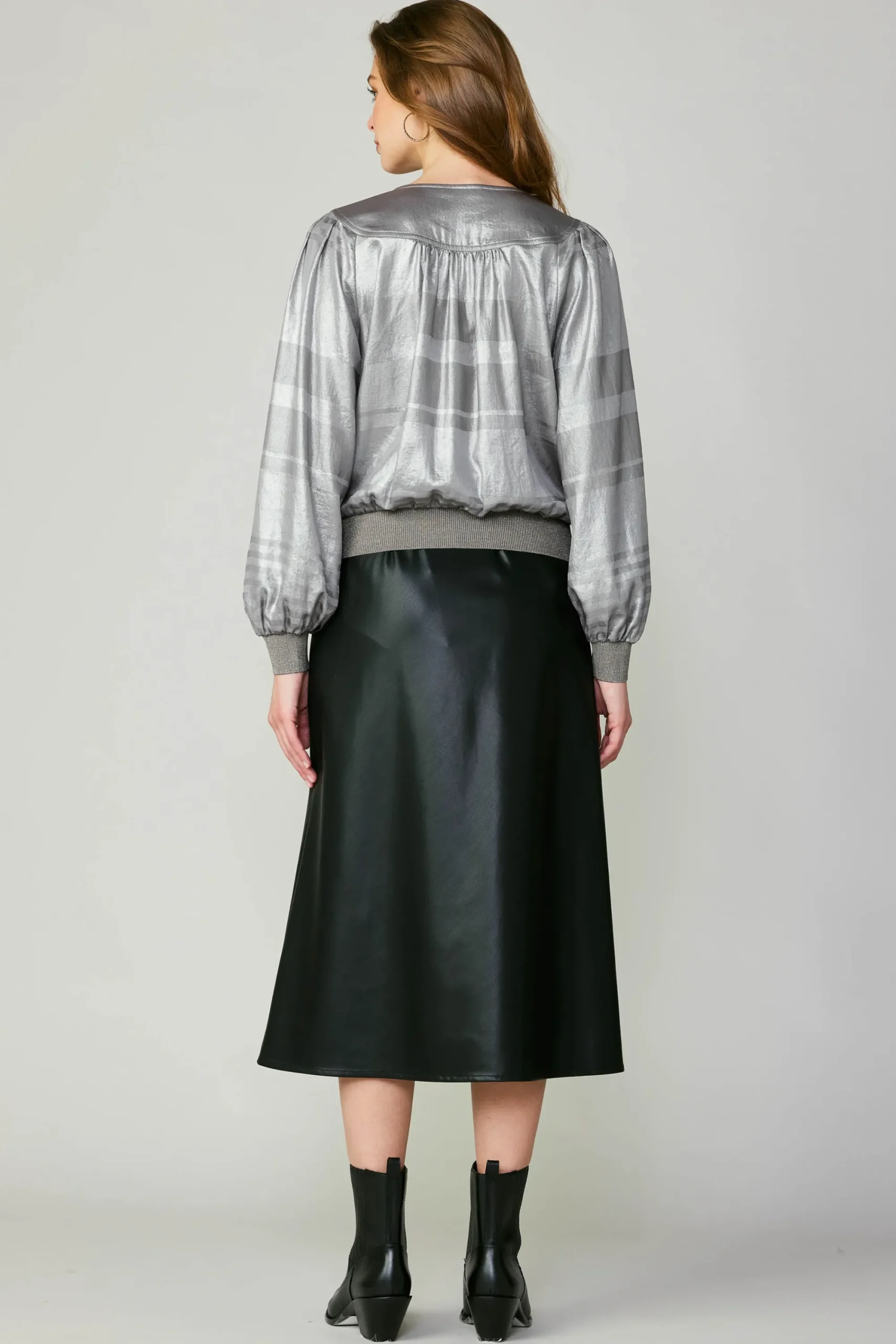Current Air Long Sleeve Tops-Metallic Surplice Blouse SILVER