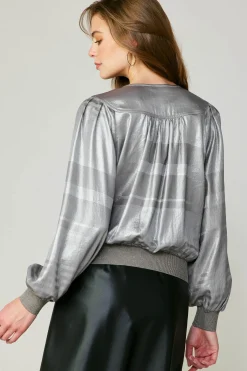 Current Air Long Sleeve Tops-Metallic Surplice Blouse SILVER