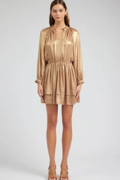 Current Air Mini Dresses-Metallic Tiered Mini Dress GOLD