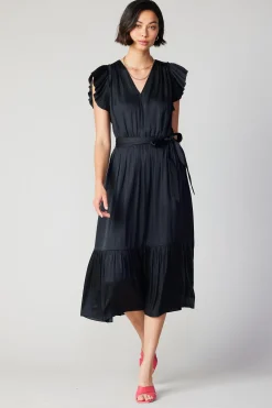 Current Air Midi Dresses-Natalia Flutter Sleeve Dress BLACK