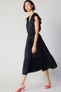 Current Air Midi Dresses-Natalia Flutter Sleeve Dress BLACK