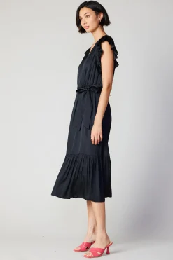 Current Air Midi Dresses-Natalia Flutter Sleeve Dress BLACK